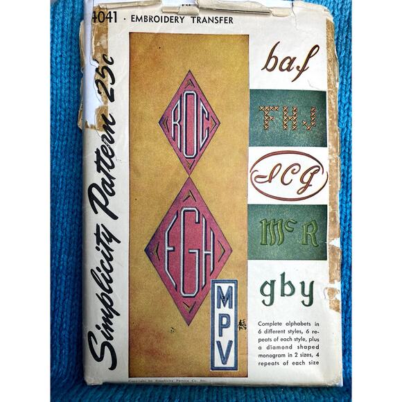 Simplicity Sewing pattern 4041 monogram Alphabet embroidery transfer 1950s - Picture 1 of 3
